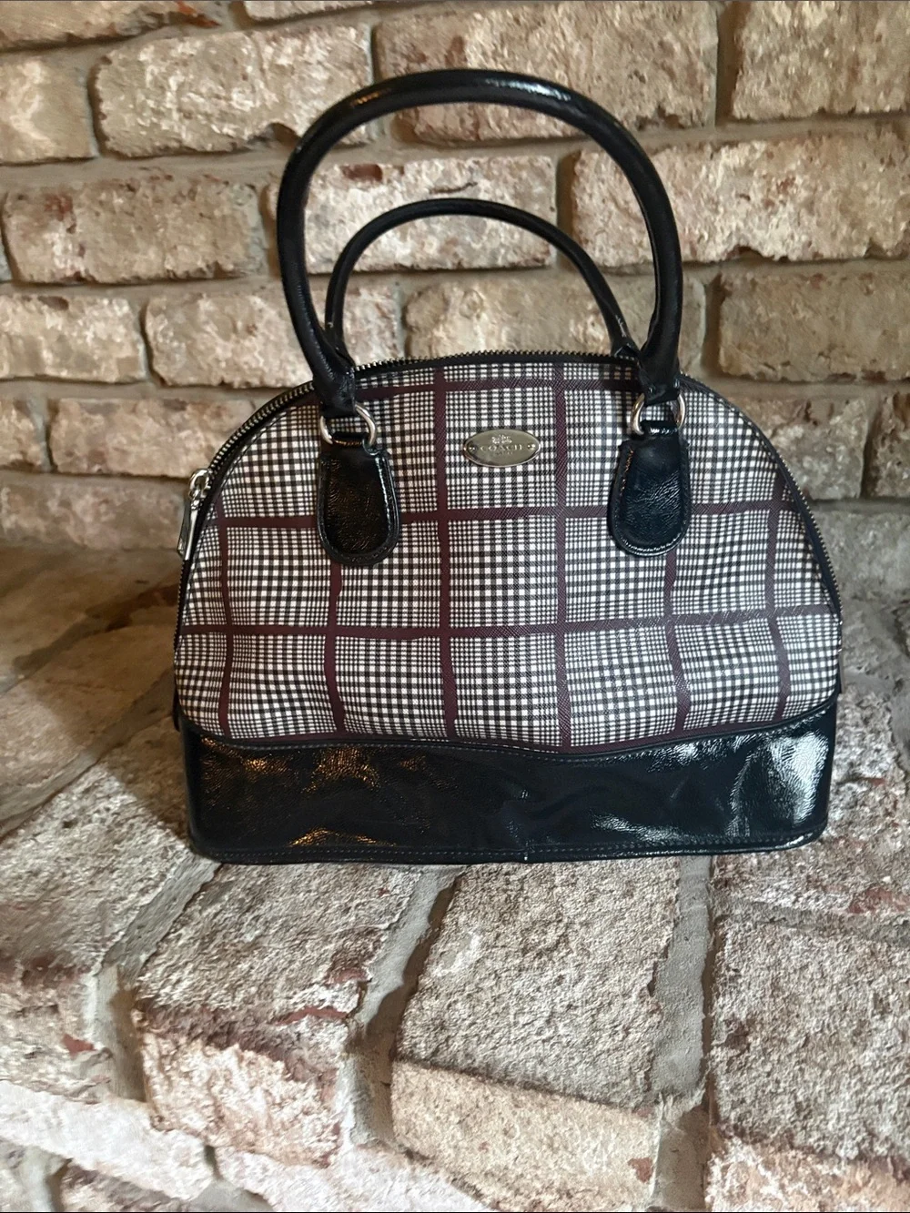 Coach Black Patent and Brown Plaid Dome Satchel